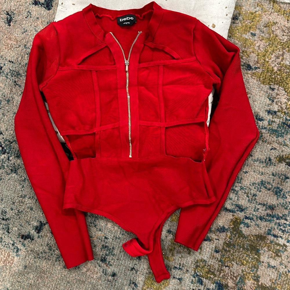 BEBE ✨ Red Body Con bandage Cut Out Bodysuit Size Small S